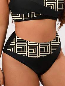 SHEIN Swim Curve 大码纯色及随机几何印花高腰拼接性感优雅沙滩度假女泳裤 - 彩色 - 查看 4