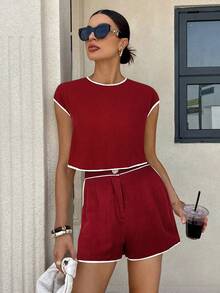 Siren Gaze Ensemble short femme d'été de couleur unie avec bordure contrastée, tenue 2 pièces en lin pour femmes - Rouge foncé - Voir 5
