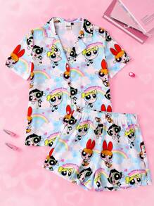 THE POWERPUFF GIRLS X SHEIN 女士蓝色短袖上衣和短裤睡衣套装，可爱卡通，泡泡、花朵、毛茛、云朵彩虹图案，梦幻、基本款休闲又酷炫，女士返校装，返校，学校上衣，基本款上衣，秋冬 - 藍色 - 查看 3