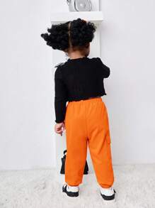 Bubblio Babygirl Cute Black Star Pattern Long Sleeve Top With Elastic Waist Orange Pants 2-Piece Set, Fashionable Outfit For Outings, Autumn/Winter Toddler Orange Outfit Baby 70s Outfit Groovy Toddler Outfit Toddler Black Top Orange Pants Baby Girl Outfits Fall - Multicolor - View 2