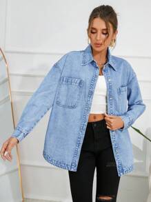 Selenza 女式落肩长袖单排扣口袋休闲牛仔衬衫 - 中等水洗藍 - 查看 5