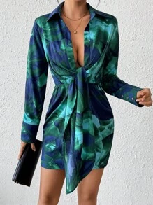 Breezaya 女士隨機印花簡約日常長袖連衣裙 - 綠色 - 查看 1