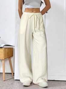 SHEIN PETITE Pantalon décontracté ample et ample à taille basse de couleur unie rose mignon pour l'été, avec lien à la taille, pour porter au quotidien - Blanc - Voir 4