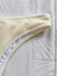 Soleia Fashionable Sexy Halter Tie Knot Hem Slit Open Back Camisole + Triangle Panty 2 Pieces Set Cream Bathing Suit Summer Bathing Suits Halter Bathing Suit,Party - Yellow - View 4