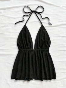 Soleia 休闲 V 领系带露背纹理面料红色背心 - 黑色 - 查看 2