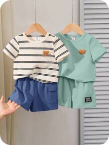 SHEIN 4件套男童/女童夏季韩版休闲可爱卡通条纹印花短袖T恤和松紧腰短裤套装 - 藍色 - 查看 1