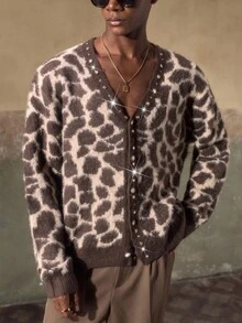 AKNOTIC Men's Casual Fashion Leopard Print Loose Button Cardigan Sweater,Contrast Jacquard,Machine Washable,Autumn,Beige,Elegant,Party,Autumn/Winter - Coffee Brown - View 5
