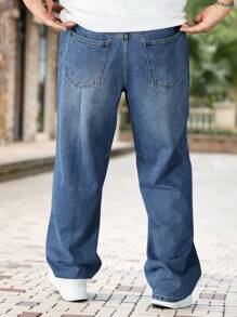 Manfinity Roghcode Quần jeans denim ống rộng rách gối màu xanh nhạt thiết kế vá lỗi cho nam, thường ngày, phù hợp mặc đi chơi - Màu xanh lam - Xem 6