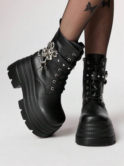 Grunge Punk Women's Black Round Toe Platform Goth Punk Dark Rivet Chain Skull Buckle Fashion Ankle Boots, Halloween