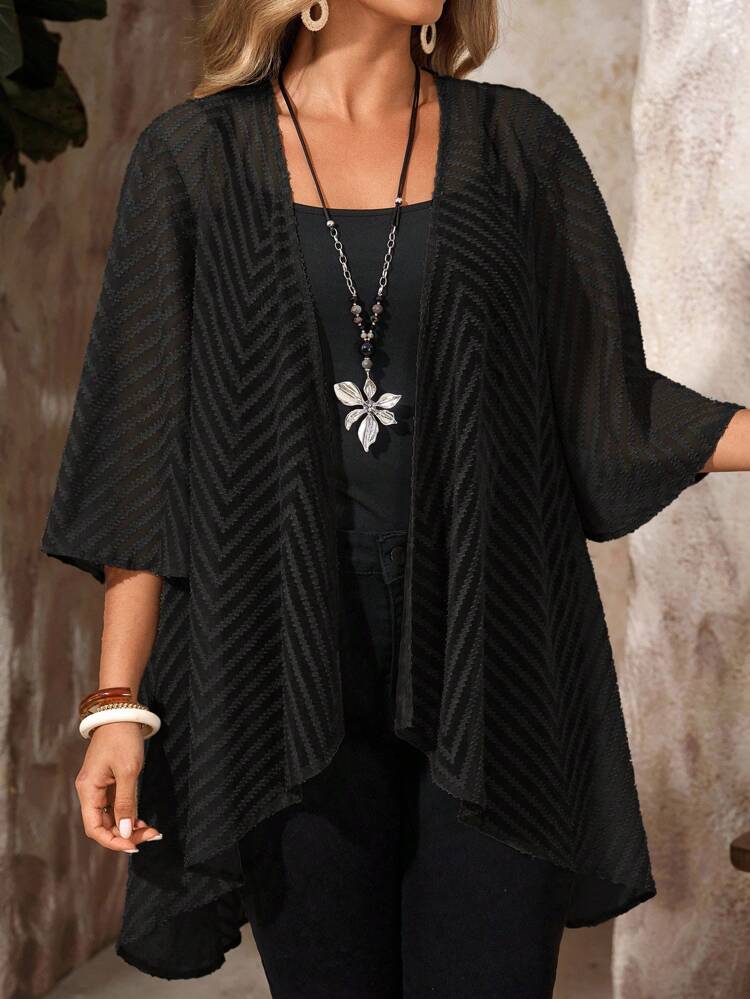 Plus Size Women's Solid Color Striped Casual Loose Hollow-Out Cutout Coat Black Kimono Black Coverup For Women Black Sheer Coat,Fall,Chic Autumn
