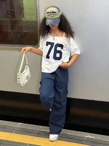 SHEIN Explorewe Streecool Tween Girl 女童休闲运动时尚数字印花不对称领口短袖上衣和宽松工装裤，带口袋，夏季