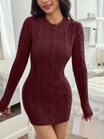 EURMUSE Weihnachts-Pelzkragen Zopfstrick Bodycon Pulloverkleid