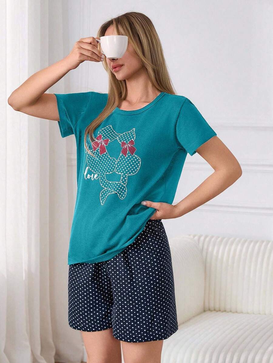 EURMUSE Bộ đồ ngủ mặc nhà 2 món 100% cotton họa tiết chấm bi và động vật tay ngắn và quần đùi họa tiết chấm bi - màu xanh lá - Xem 1