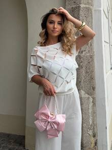 Jeta Ari 25 New Summer Elegant Vacation Oblique Shoulder One Shoulder Raglan Sleeve Short Sleeve Burnt Flower Diamond Pattern Loose Top + Hem Burnt Flower Wide Leg Pants Extra Long Pants White Women's Two Pieces Set