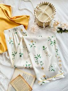 CottageSlumber Conjunto de pijama feminino de seda sintética, cor sólida, camisola, top e calças estampadas, conjunto de pijama floral, conjunto de pijama feminino, blusa amarela, calça de pijama com estampa floral, conjunto de pijama de verão, conjunto de pijama feminino, pijama de verão, pijama fofo, pijama amarelo - Amarelo - Ver 3