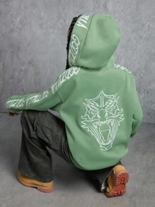 GODZILLAxKONG X SHEIN Áo nỉ chui đầu thường ngày họa tiết quái vật dành cho nữ - màu xanh lá - Xem 3