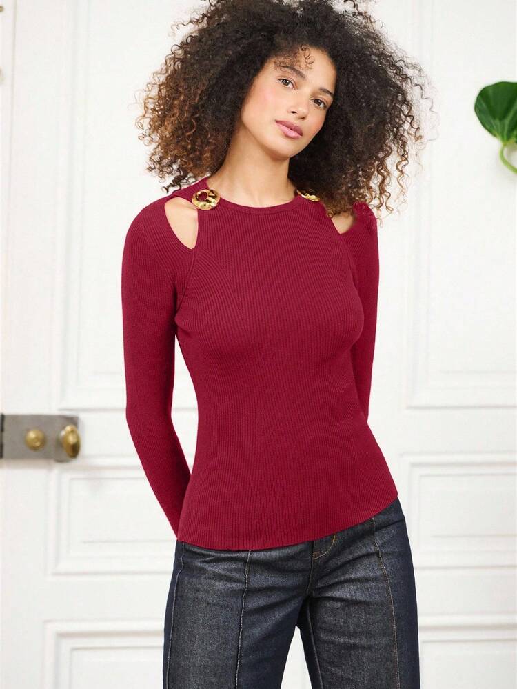 lacRébo Women's Solid Color Cutout Shoulder Metal Decor Fashionable Long Sleeve Sweater Business Casual Outfits Office Outfits Autumn Winter Christmas Outfits - Burgundy - View 2
