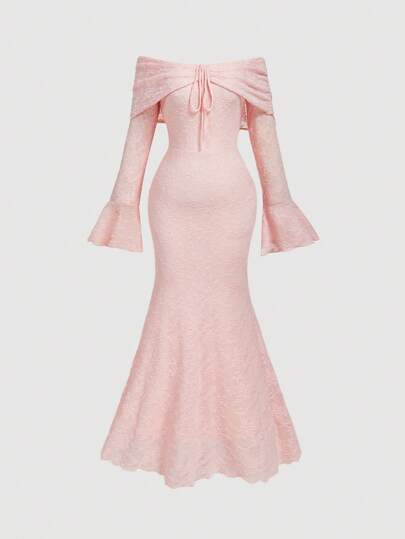 SHEIN MOD فستان ماكسي أنيق بتصميم كتف مكشوف من الدانتيل باللون الوردي الفاتح، مناسب للسهرات والمناسبات الخاصة كرأس السنة وعيد الحب والخروجات اليومية والعطلات الهادئة