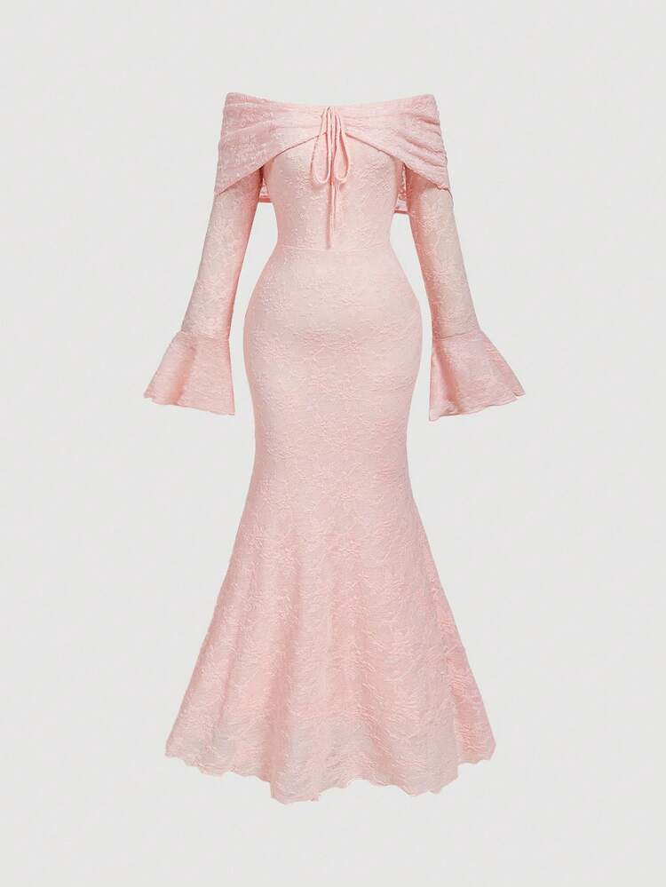 SHEIN MOD 大码女式优雅淡粉色蕾丝露肩长裙，适合新年、情人节、约会、派对、日常通勤、优雅度假 - 淺粉色 - 查看 1