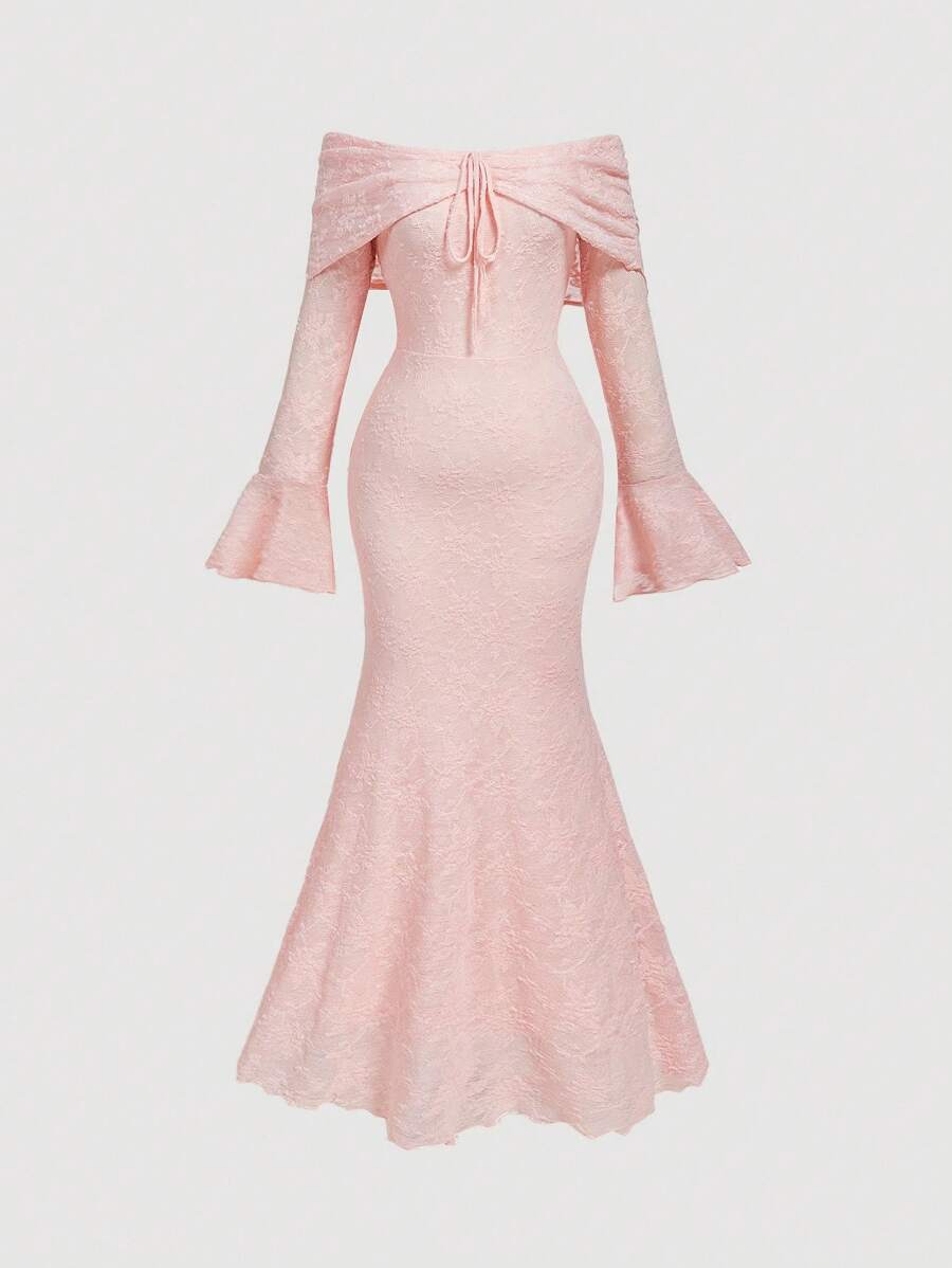 SHEIN MOD فستان ماكسي أنيق بتصميم كتف مكشوف من الدانتيل باللون الوردي الفاتح، مناسب للسهرات والمناسبات الخاصة كرأس السنة وعيد الحب والخروجات اليومية والعطلات الهادئة - وردي فاتح - مشاهدة 1