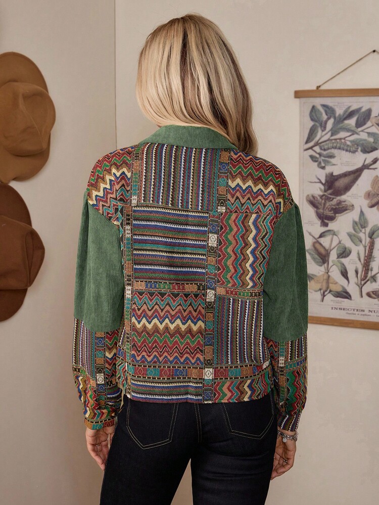 LanaWest Cazadora con estampado geométrico de hombros caídos de pana - Verde Oscuro - Añade 3