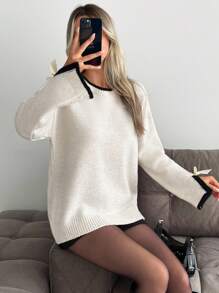 EURMUSE Beige stickad tröja med svarta ribbade kanter och band i ärmarna - Grädde - Visa 4