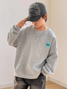 SHEIN Tween Boy Casual Korean Style Oversized Textured Fleece Crew Neck Pullover Sweatshirt, Suitable For Commuting, School, Daily Casual Wear, Sports, Autumn/Winter, Boys Oversized Sweatshirt Fall - Grey - View 4