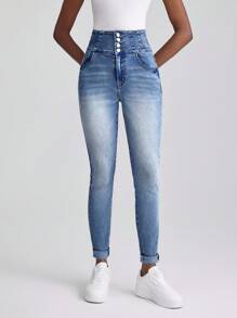 Slaydiva Calça Jeans Skinny de Cintura Alta Lavado Casual Feminino - Azul - Visão 3