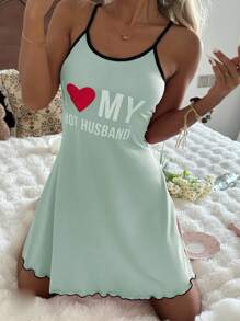 SHEIN Women's Casual Letter Print Camisole Nightgown Back To School I Love My Husband Nightgown Women Nightgown Cute Nightgown Sleep Dress - Green - View 3