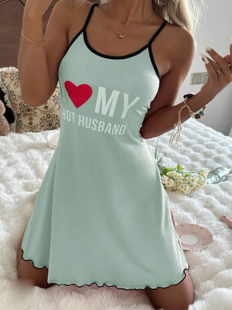 SHEIN 女式休闲字母印花吊带睡袍 - 綠色 - 查看 3