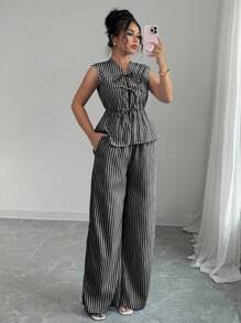 Elenzga 女款休闲度假蓝白条纹前系带设计无袖衬衫+女款休闲度假蓝白条纹松紧腰裤 - 黑色 - 查看 1