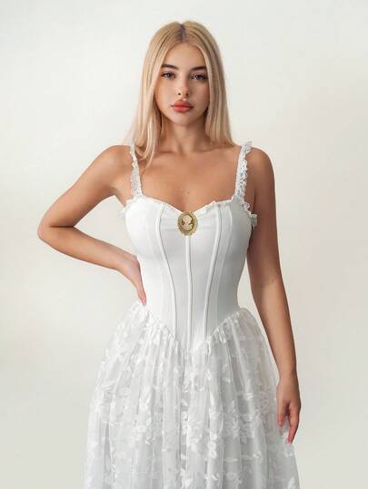 Sweetina Elegante, effenkleurige jurk in paleisstijl met spaghettibandjes en visgraatmotief voor dames
