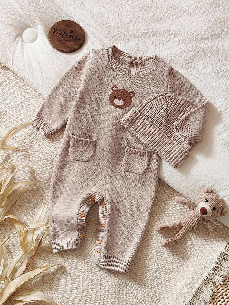Vintaside Kids Infant Boys' Cute Bear Pocket Long Sleeve Jumpsuit Fall Winter - Brown - View 10