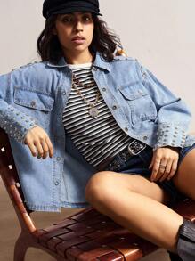 Bohemela BOHO Western Cowgirl Country Vacation Casual Solid Color Rivet Woven Denim Jacket - Baby Blue - View 3