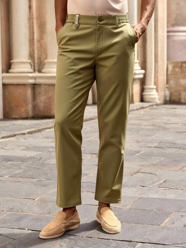 HIMLAND Men's Elastic Waist Straight Leg Trousers, City Boy Style Casual Pants, Minimalist Drapey Chinos With Comfort Waistband! Men's Casual Daily Wear Semi-Formal Green Slim Fit Pants, Men's Trousers, Casual Pants, Straight Leg Pants, Elastic Waist Trousers, Drapey Trousers, Wrinkle-Resistant Pants, Olive Green Pants, Sage Green, Khaki Green, Commuter Pants, Versatile Casual Trousers, Spring Summer 2025 Menswear, Relaxed Straight Fit, Clean Fit Style Baggy Khaki Pants Olive Green Pants Men Summer Brea