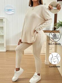 SHEIN 秋装、秋季服装、孕妇装 秋季服装 孕妇装 2 件套 孕妇休闲纯色罗纹上衣和可调节腰部裤子套装 罗纹两件套 女式两件套 舒适两件套 女式两件套 休闲两件套 女式两件套 休闲两件套 女式两件套 - 杏色 - 查看 1