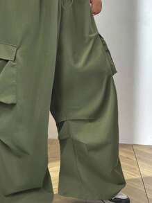 SHEIN CURVE+ 大码纯色抽绳腰阔腿休闲工装裤 - 軍綠色 - 查看 7