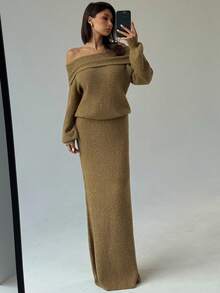 Aloruh 秋冬新款燕麦色露肩灯笼袖修身套头针织毛衣和加长美人鱼下摆中裙套装 - 杏色 - 查看 8