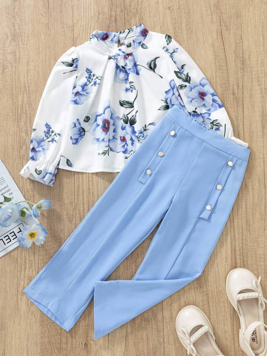 SHEIN Young Girl Floral Blouse & Button Detailed Pants - Multicolor - View 1