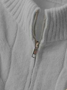 SHEIN MOOSTA Plus Size Women Casual Cable Knit Zip-Up Cardigan - Light Grey - View 4