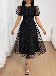 SHEIN Lady Váy midi cho nữ, trang phục công sở thường ngày cho nữ, trang phục công sở cho nữ, trang phục đi chơi cho nữ, trang phục sân bay cho nữ, trang phục du lịch, trang phục sân bay, trang phục trở lại trường, trang phục hòa nhạc đồng quê, trang phục đêm hẹn hò cho nữ - màu đen - Xem 5