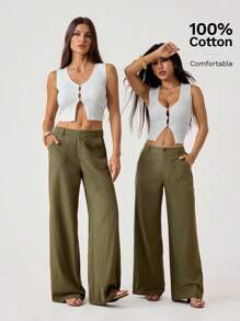 SHEIN Tall 100% 水洗纯棉低腰直筒裤 - 軍綠色 - 查看 4