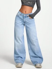 EURMUSE CasuGlow 100% Cotton LOW RISE WIDELEG CUT VINTAGE WASH Y2K BAGGY JEANS