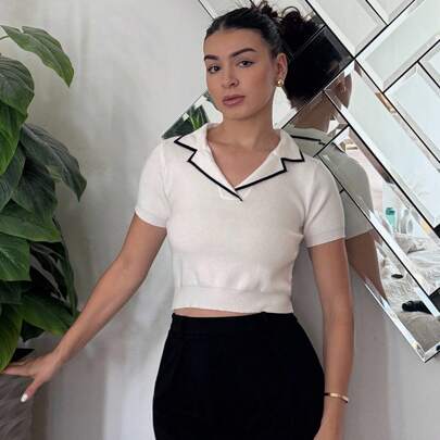 Contrast Trim Lapel Neck Knit Top