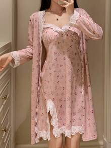 DAZY 2pcs Women Ditsy Floral Lace Patchwork Camisole Dress & Robe Sleepwear Set, Fall Clothes Pajama - Baby Pink - View 3