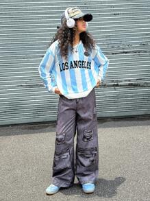 SHEIN Explorewe Streecool 儿童休闲校园风格青少年女孩秋冬舒适时尚运动别致字母和数字印花 V 领棒球夹克和宽松图案印花阔腿裤 2 件套