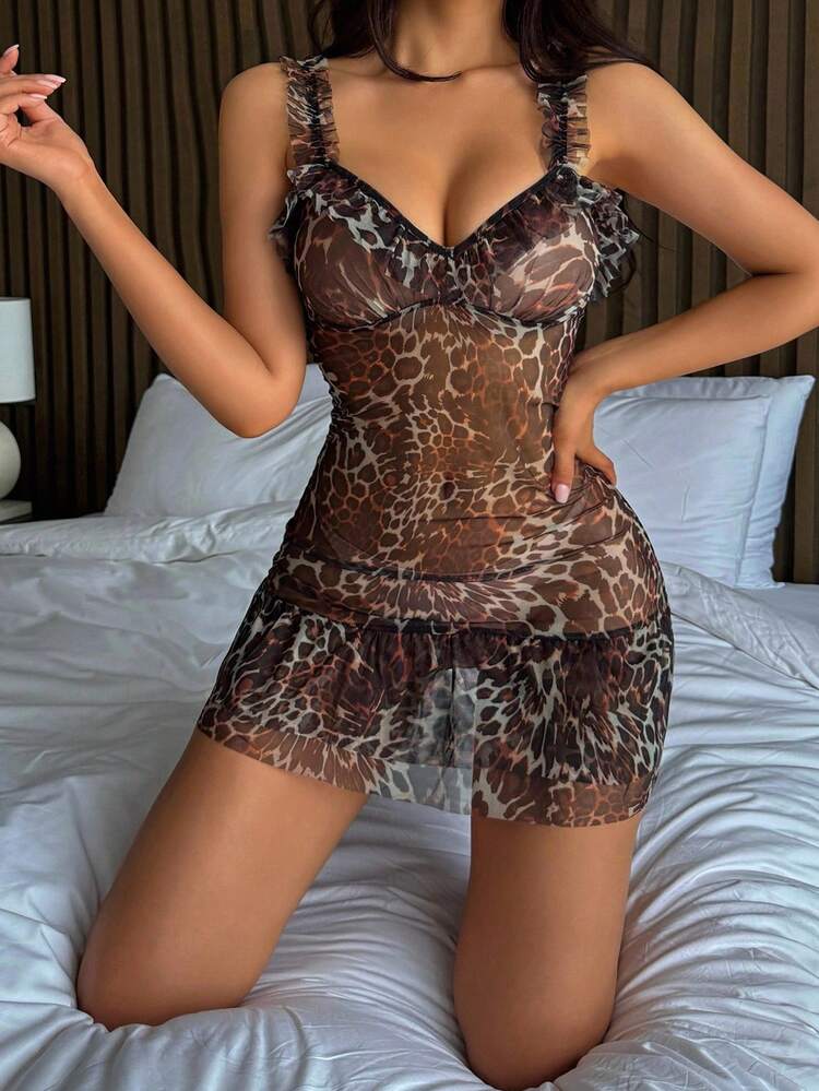 DAZY 豹纹拼接半透明性感睡裙，女士外出内衣 - 彩色 - 查看 4