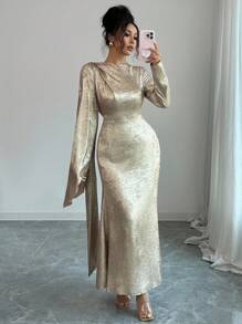 Elenzga 女士天鹅绒面料喇叭袖不对称设计后系腰鱼尾优雅中长连衣裙，适合日常通勤 - 金色 - 查看 4