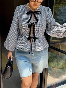 Dripcurv 大码前系带长袖简约褶皱衬衫，适合日常休闲穿着