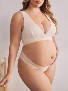 BloomMama 加大码女士纯色撞色蕾丝舒适孕妇哺乳文胸 - 杏色 - 查看 5